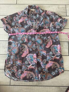 We The Free Brown Paisley Short Sleeve Button-Down with Pink & Teal Accents